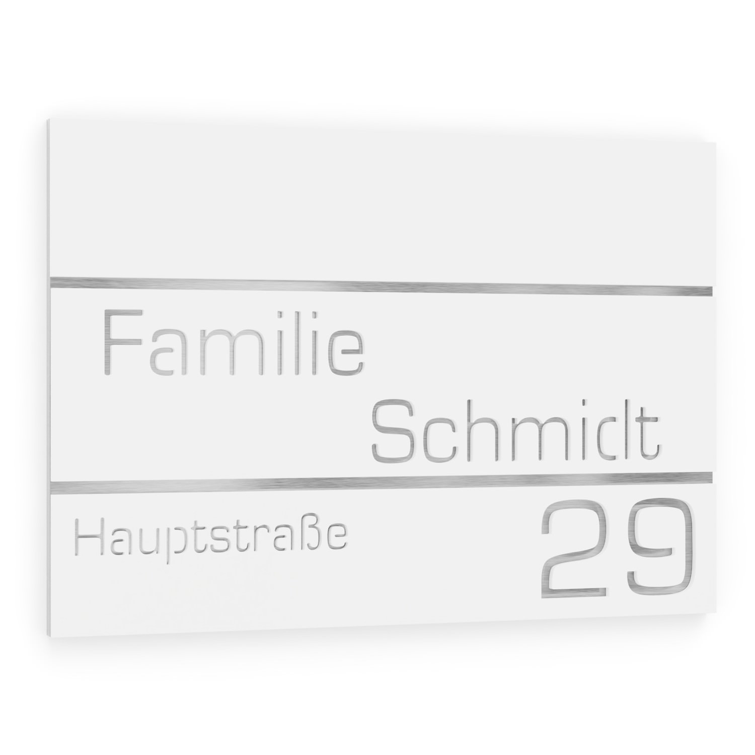 Family name, street name and house number sign made of stainless steel V2A / acrylic glass white rectangular