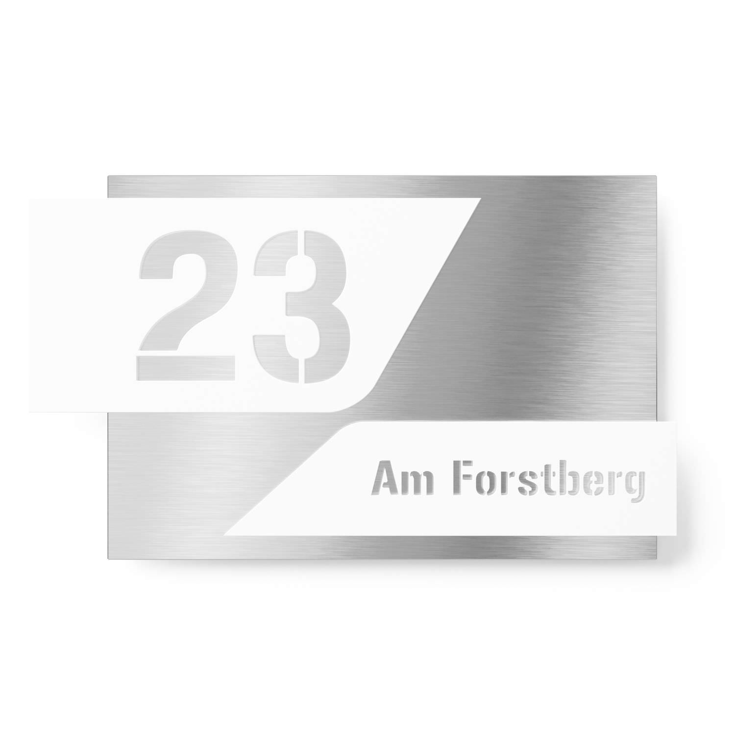 House number + street name two-part with 3D effect made of stainless steel / acrylic glass white rectangular