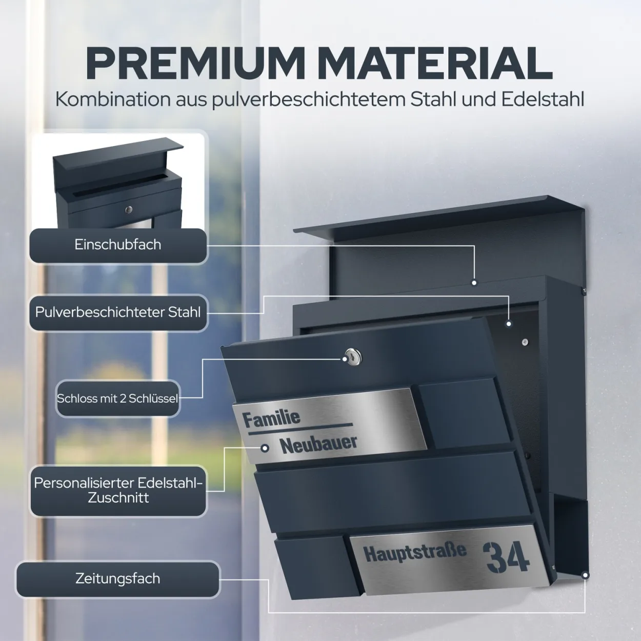 Personalisierbarer Stellar Briefkasten Funk mit Edelstahl Schild Laserschnitt Gravur und Zeitungsrolle Design 3