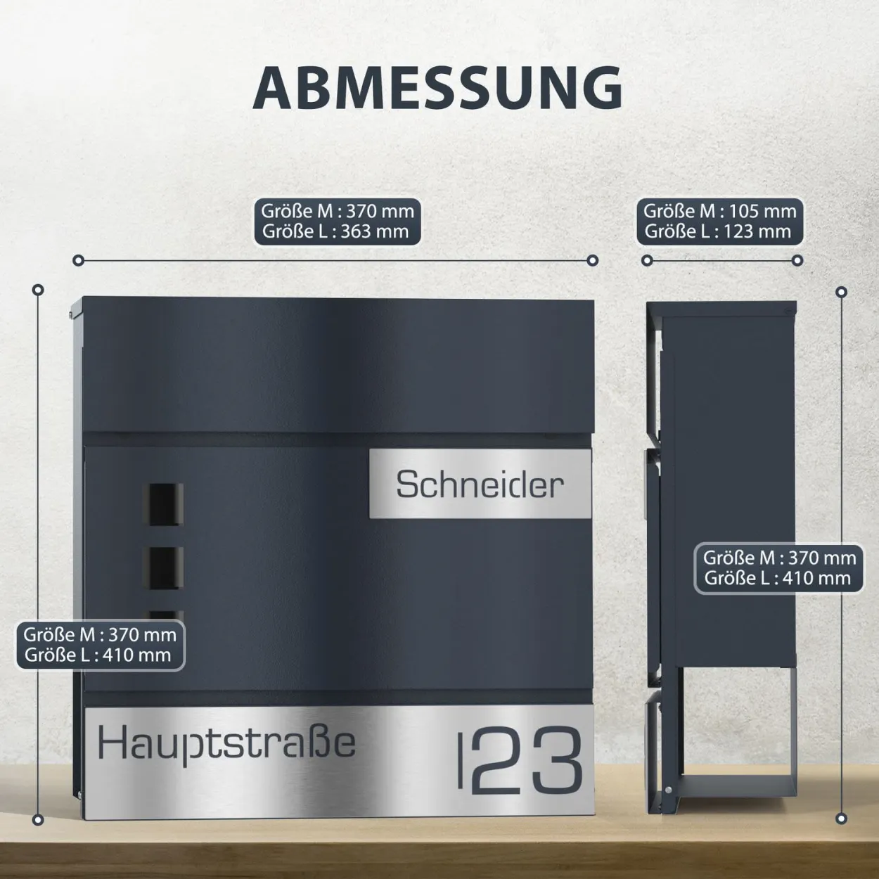 Anthrazitfarbener Briefkasten Funk mit Zeitungsfach Standhalterung und Schild graviert, wetterfest Laserschnitt