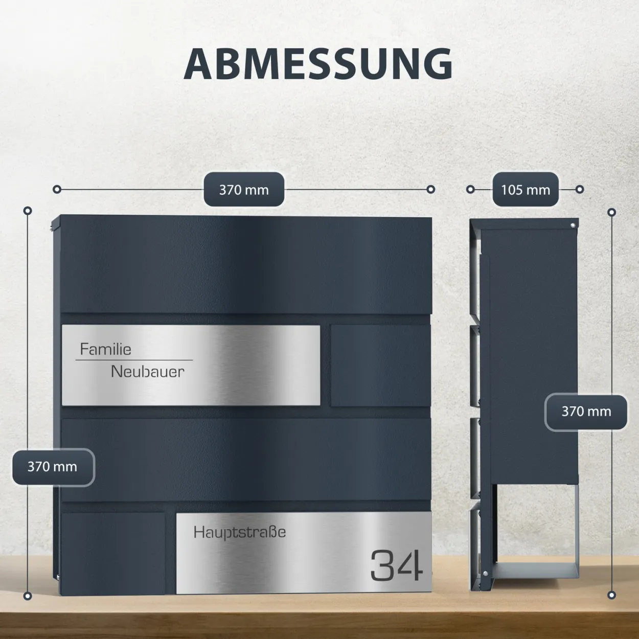 Personalisierbarer Stellar Briefkasten Funk mit Abmessungen und Namensgravur, wetterfest Lasergravur Design 7