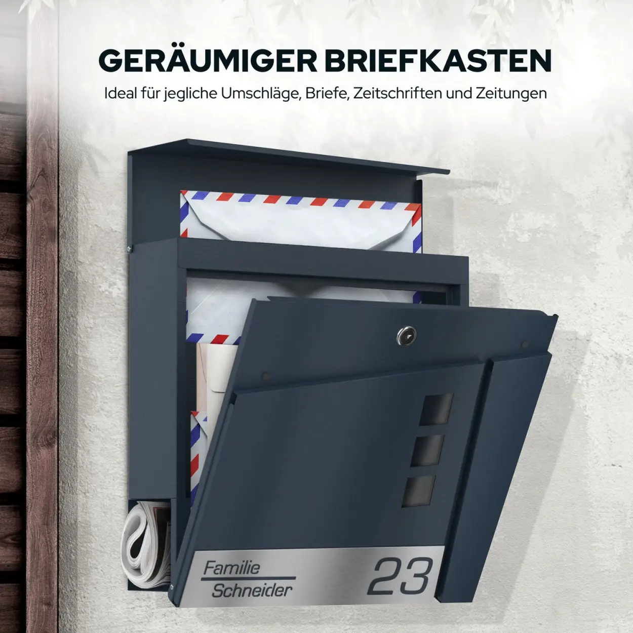 Draco Briefkasten Funk mit Zeitungsrolle und gravierter Hausnummer aus Edelstahl Laserschnitt