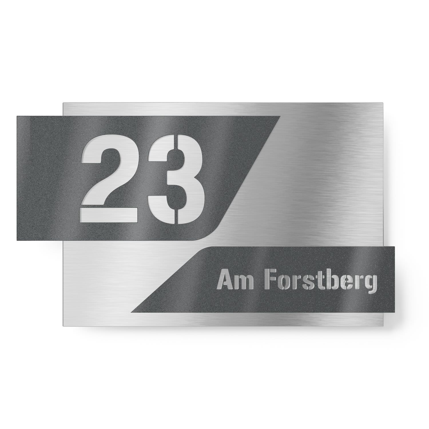 House number + street name two-part with 3D effect made of stainless steel / acrylic glass anthracite metallic rectangular