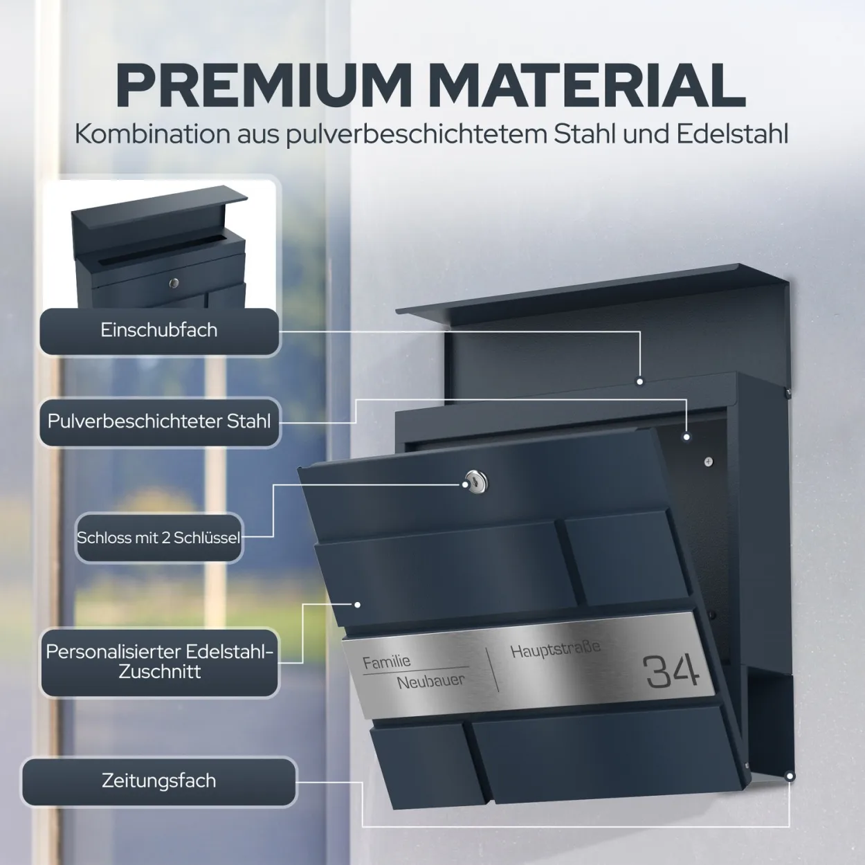 Personalisierbarer Stellar Briefkasten Funk mit Edelstahl Schild Lasergravur Gravur und Zeitungsrolle Design 8