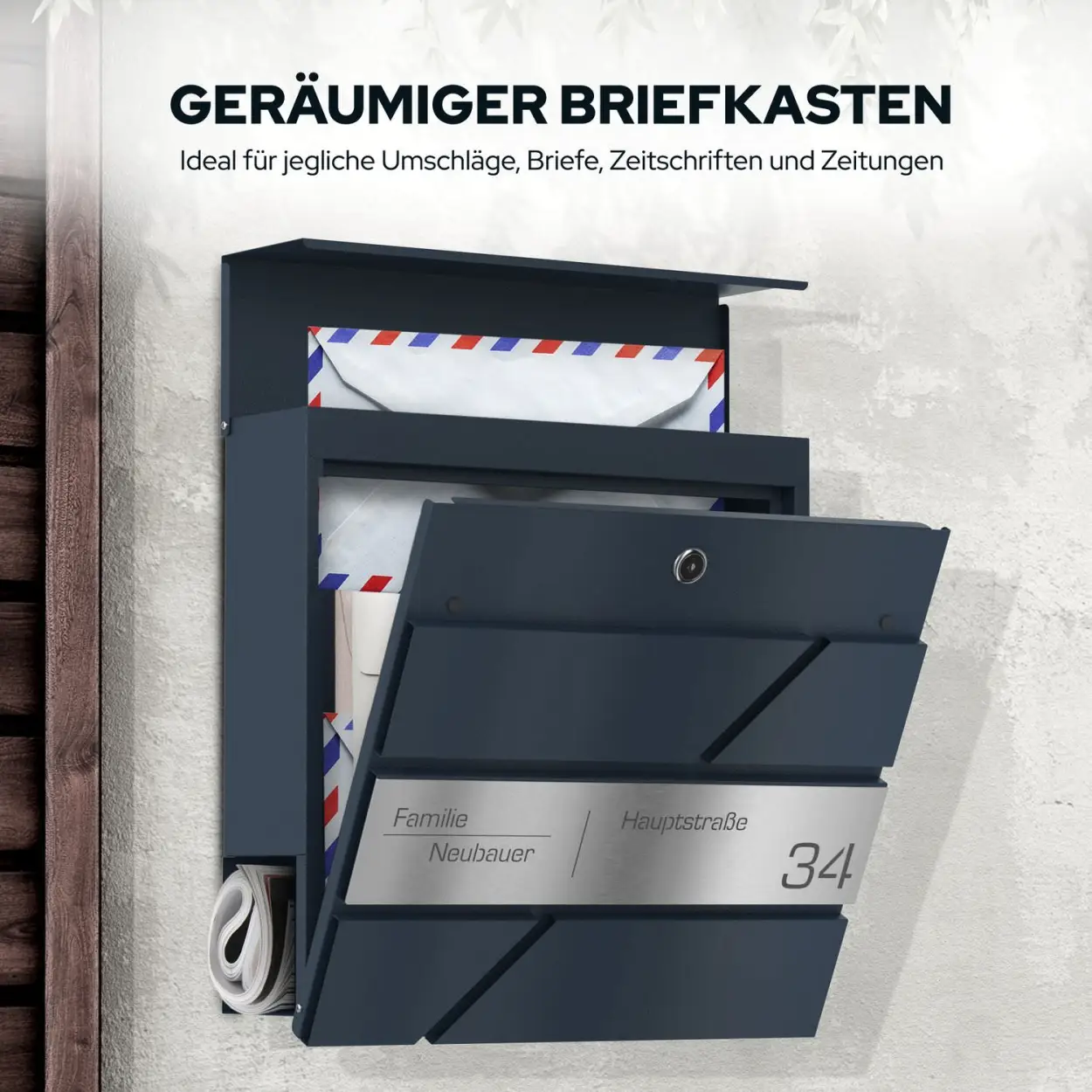 Personalisierbarer Briefkasten Funk mit Edelstahl Gravur und Zeitungsrolle aus verzinktem Stahl Lasergravur