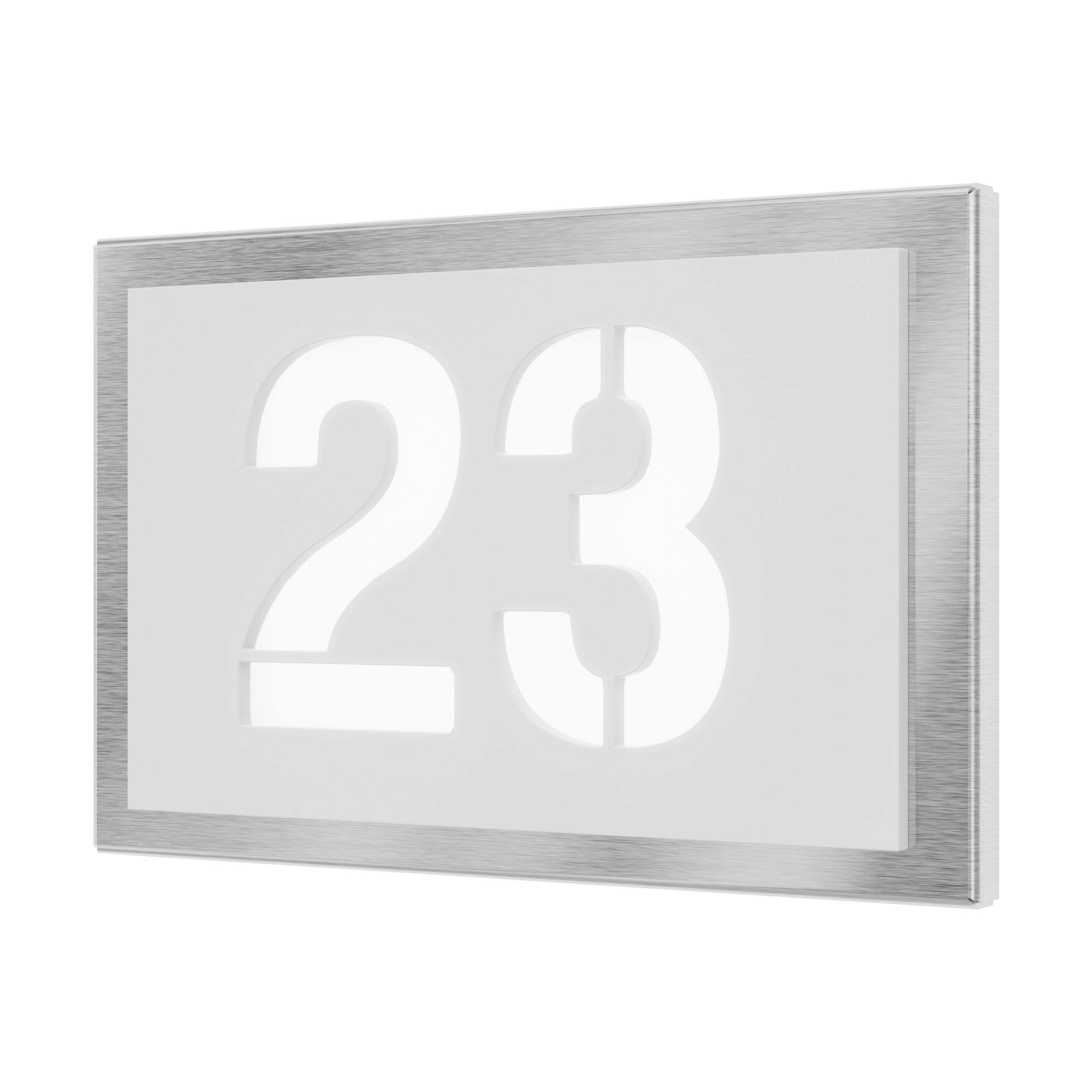 Illuminated house number in stainless steel / acrylic glass white rectangular