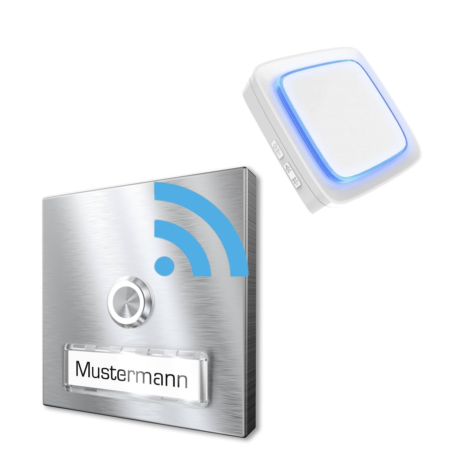 Surface-mounted wireless doorbell nameplate - 110x110 mm stainless steel bell plate - LED bell push