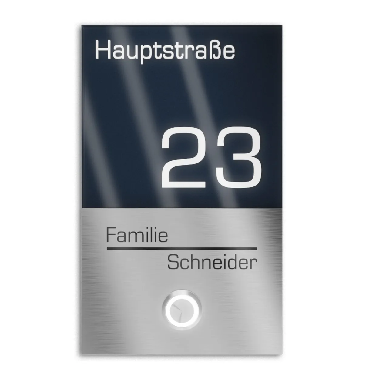 Klingelschild mit Hausnummer aus V2A Edelstahl und LED-Taster, personalisierbar und wetterbeständig