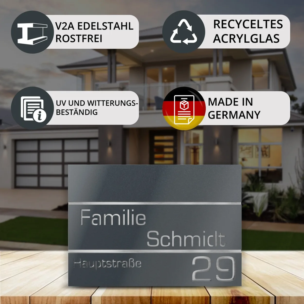 Personalisierbares Namensschild rechteckig aus Edelstahl und recyceltem Acrylglas, langlebig und robust Anthrazit Metallic