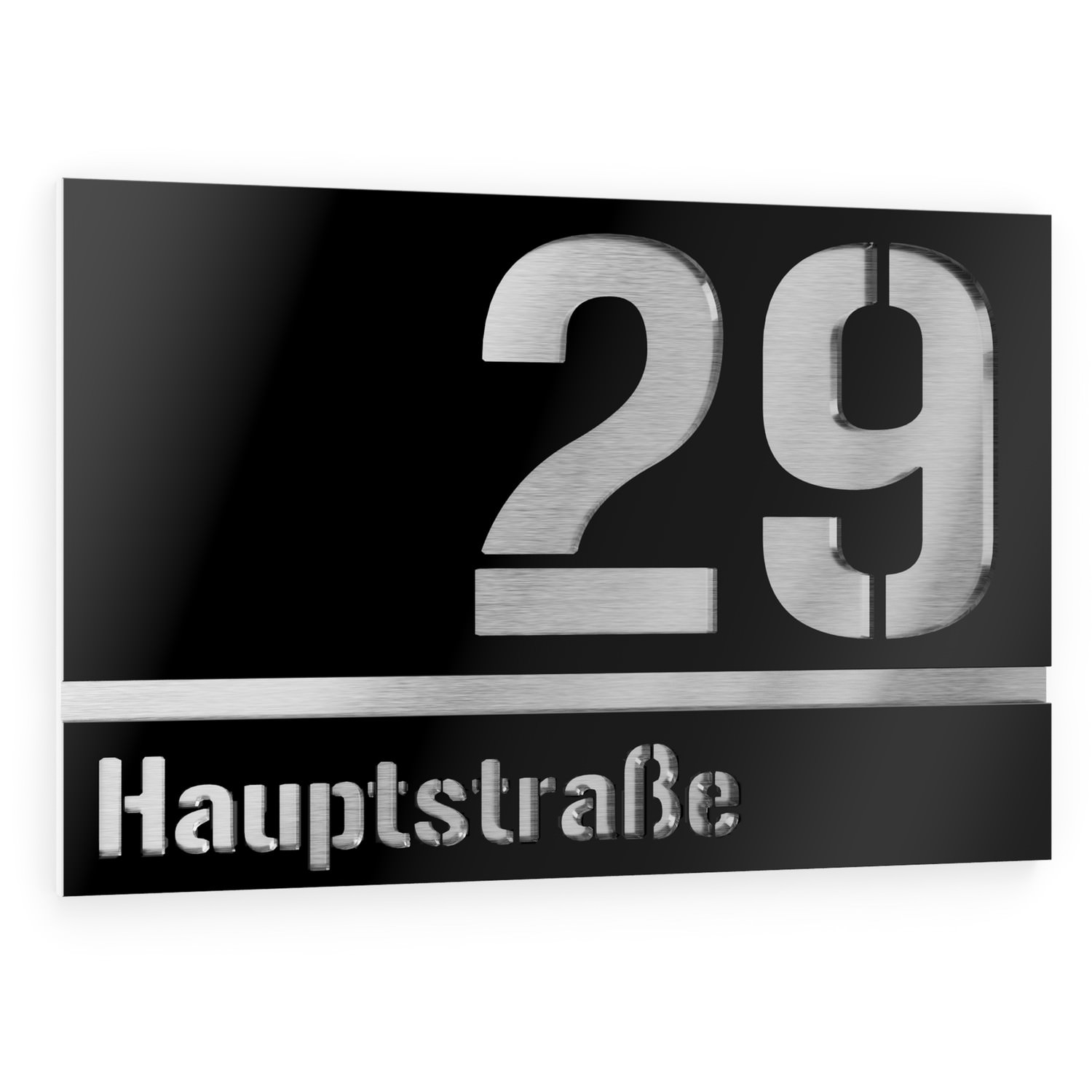 House number and street name in stainless steel / acrylic glass black Rectangular