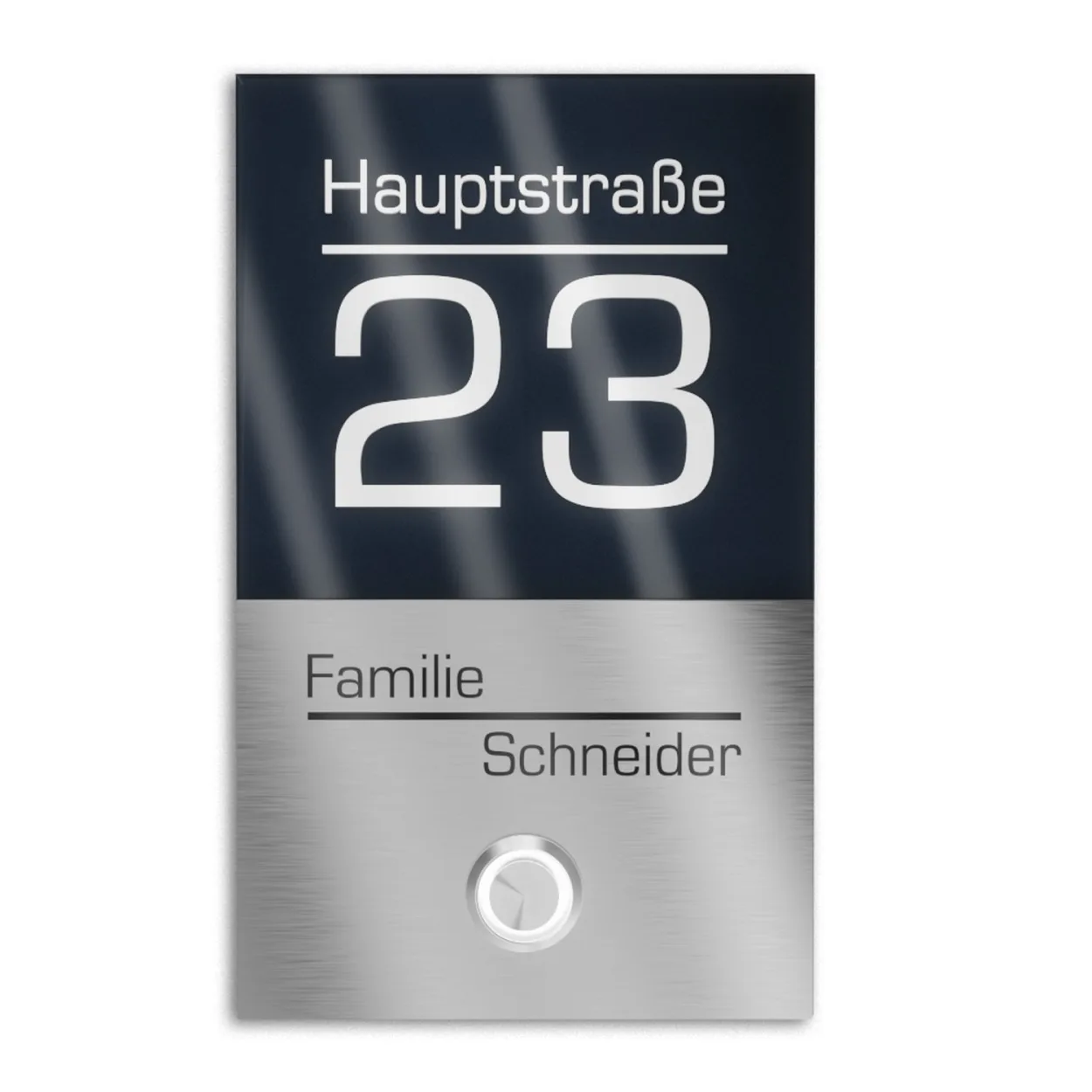 Klingelschild mit Hausnummer und LED-Klingeltaster, modern aus Edelstahl und personalisierbar