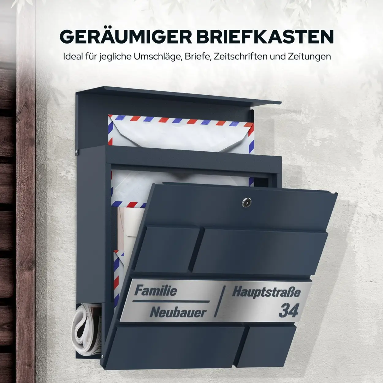 Wetterfester Pulsar Funkbriefkasten Funk mit Zeitungsrolle, Edelstahl-Schild Gravur Laserschnitt und Halterung Design 6