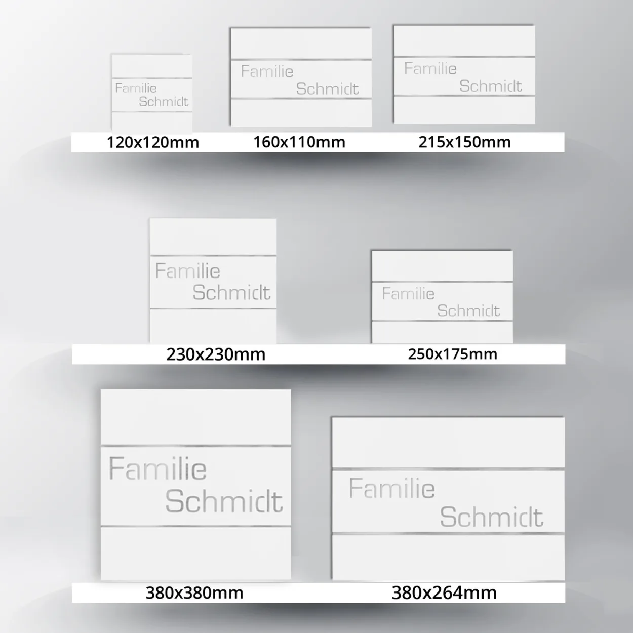 Größentabelle für Hausschilder aus V2A Edelstahl und Acrylglas Weiß , zeitlos und robust rechteckig