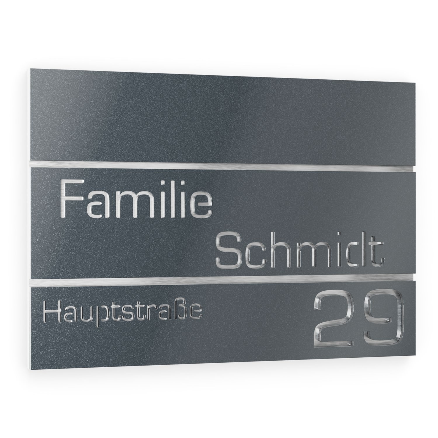 Familenname,Straßenname und Hausnummerschild aus Edelstahl V2A / Acrylglas Anthrazit Metallic Rechteckig