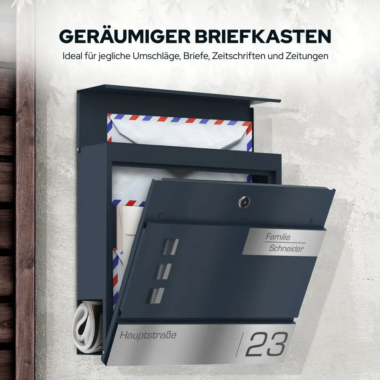 Vega Stahl-Briefkasten Funk mit Zeitungsrolle und personalisierbarer Namensgravur Lasergravur