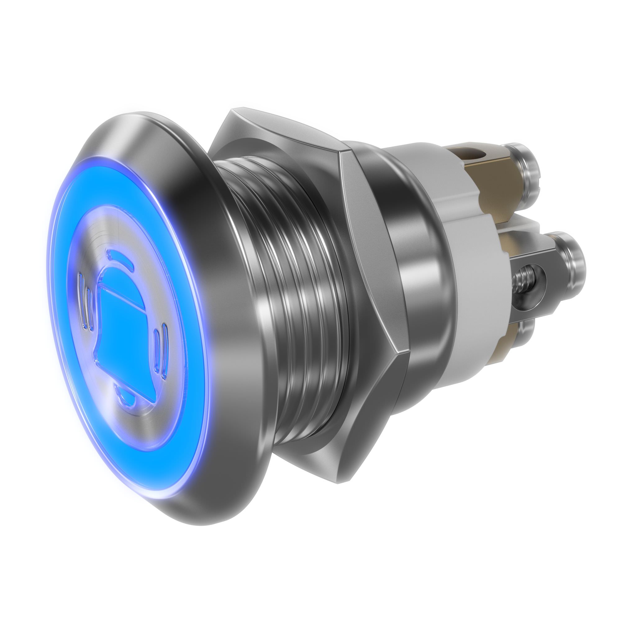 LED blauw 19mm RVS drukknop 30x22x25mm - schroefcontacten - tijdelijk - belsymbool