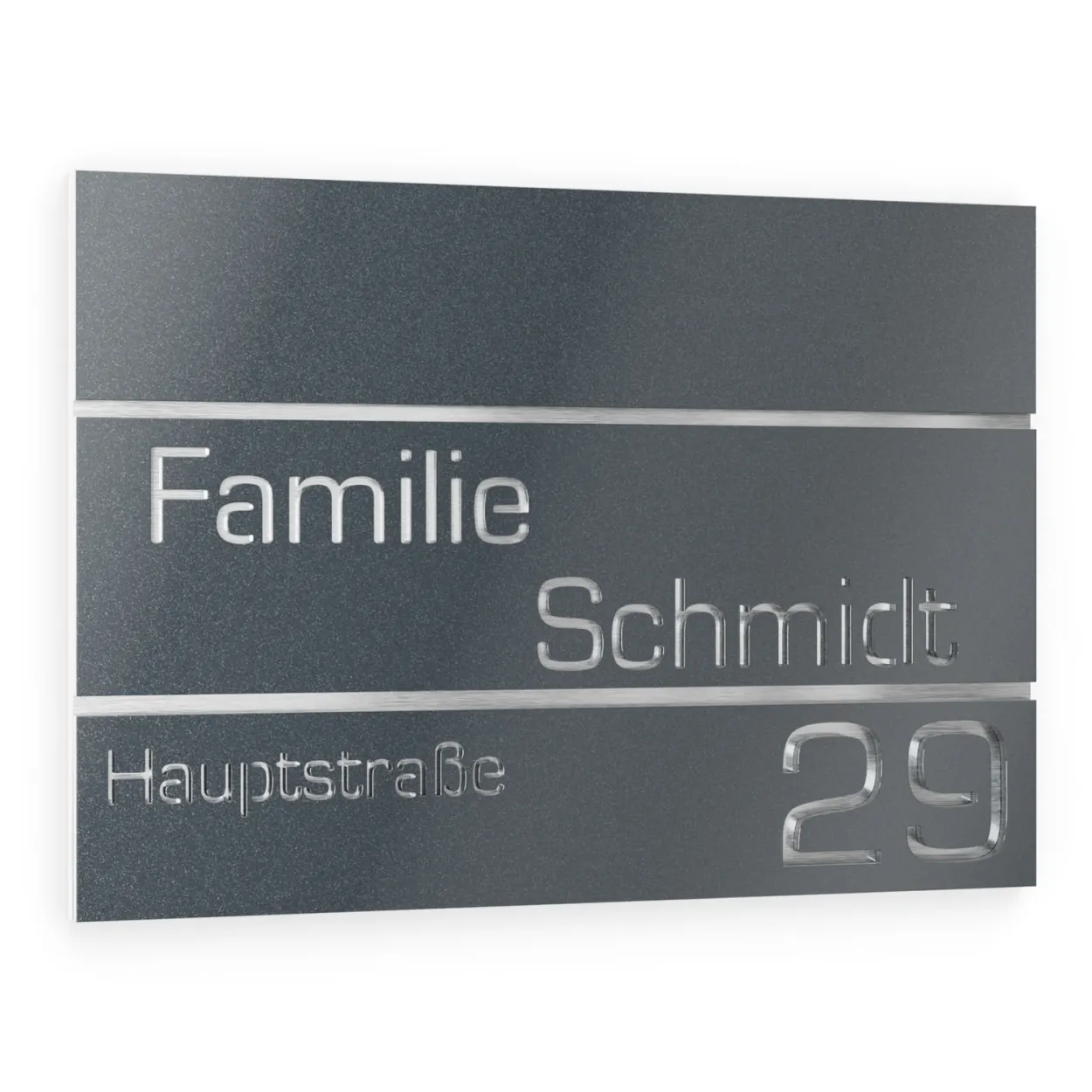 Rechteckiges Namensschild aus Edelstahl mit Hausnummer, modernes Design in Anthrazit Metallic