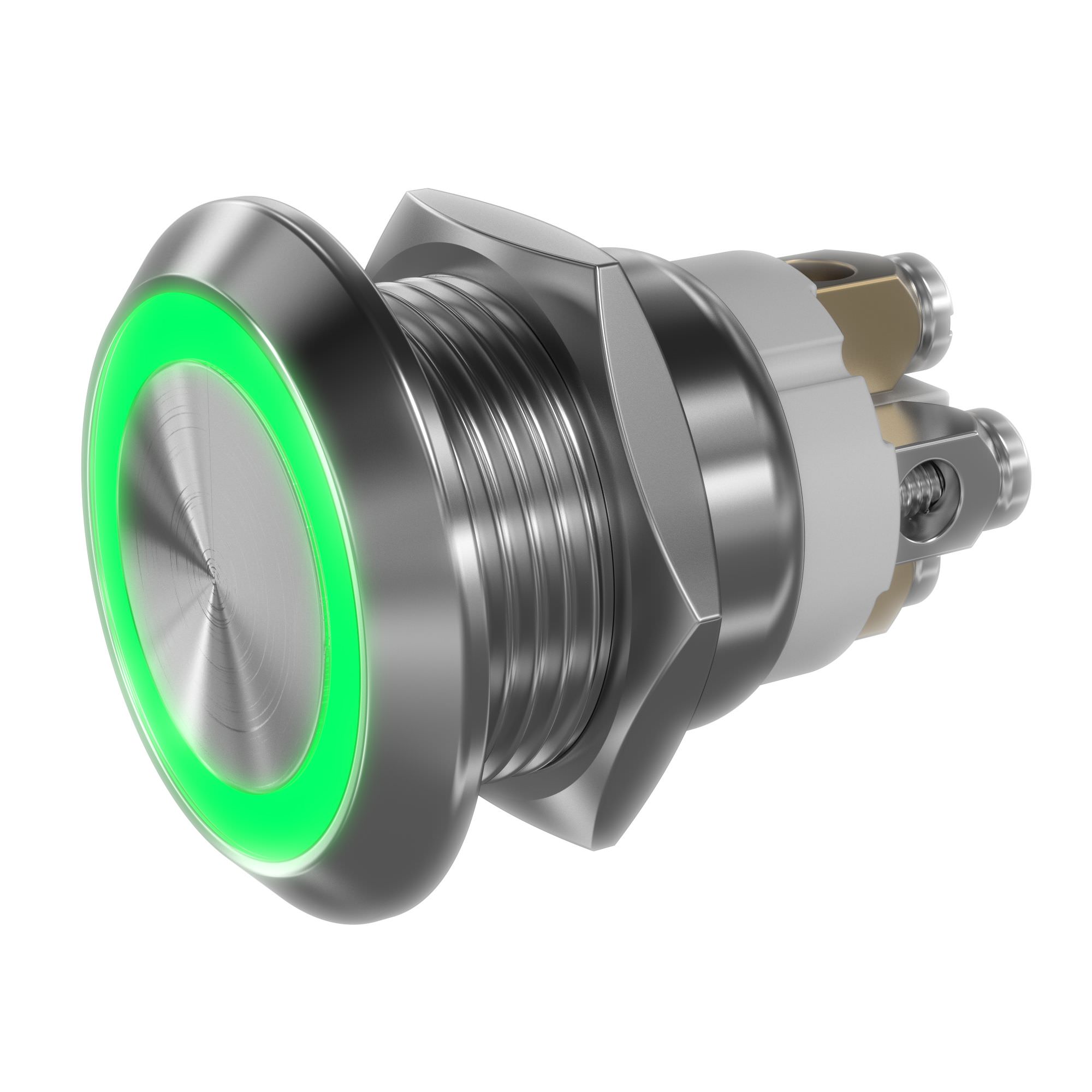 LED green 19mm stainless steel push-button 30x22x25mm - screw contacts - momentary action