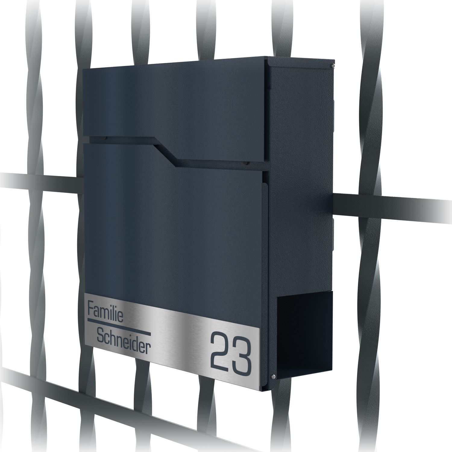 Aurora letterbox in anthracite RAL 7016 with fence mount - laser-cut engraving - with lock Newspaper compartment