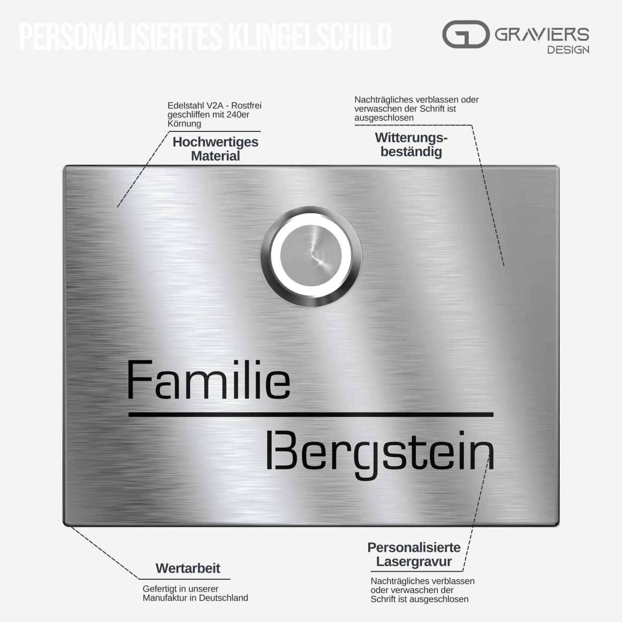 Hochwertiges Klingelschild aus Edelstahl, personalisierte Lasergravur, rostfrei