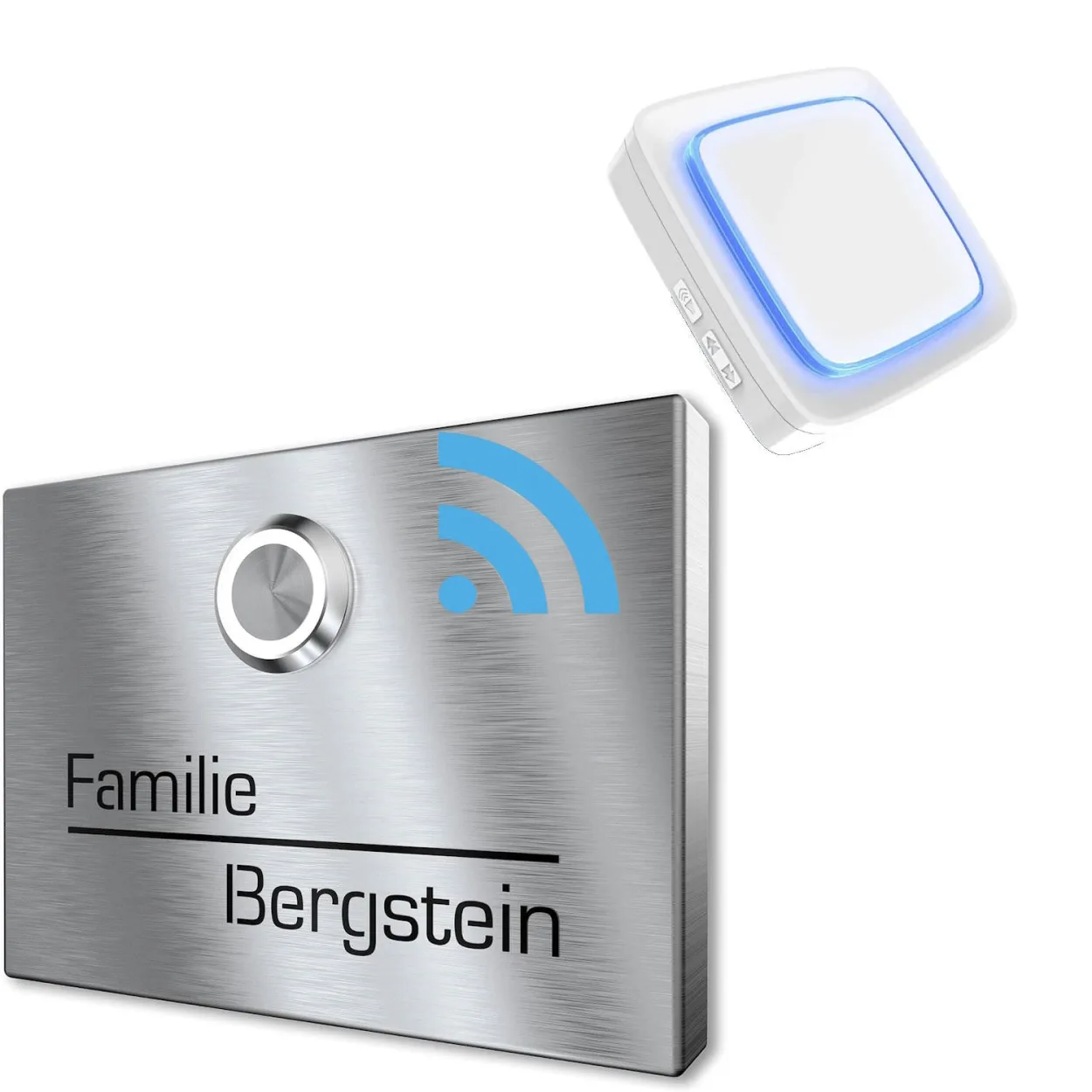 Edelstahl Funk Klingelschild mit LED-Taster und personalisierbarer Gravur, moderne Türklingel