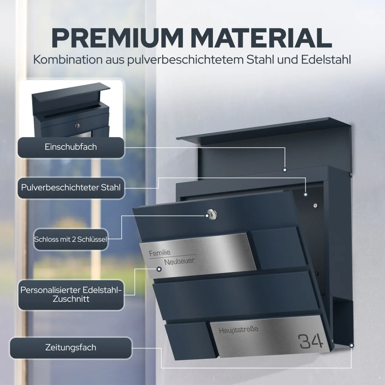 Personalisierbarer Stellar Briefkasten Funk mit Edelstahl Schild Lasergravur Gravur und Zeitungsrolle Design 7