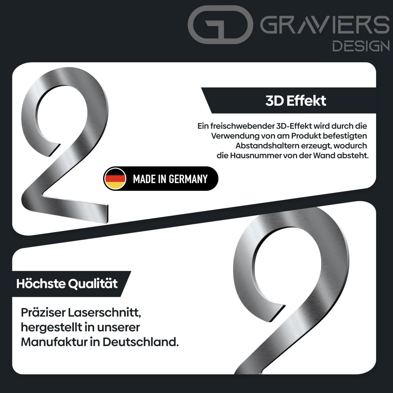 Hausnummer / aus Edelstahl mit 3D-Effekt, 30 cm hoch und rostfrei präzise gefertigt in Deutschland