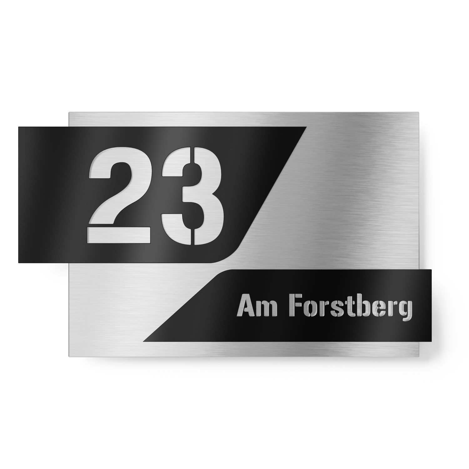 House number + street name two-part with 3D effect made of stainless steel / acrylic glass black rectangular