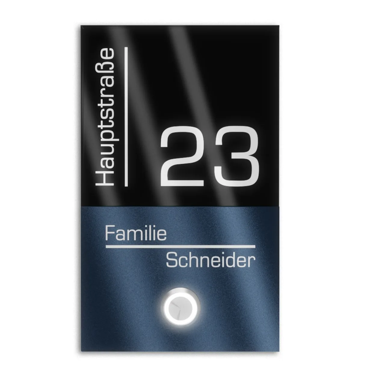 Individuell gravierbares Klingelschild mit Hausnummer und LED-Klingel, aus Edelstahl und wetterfest