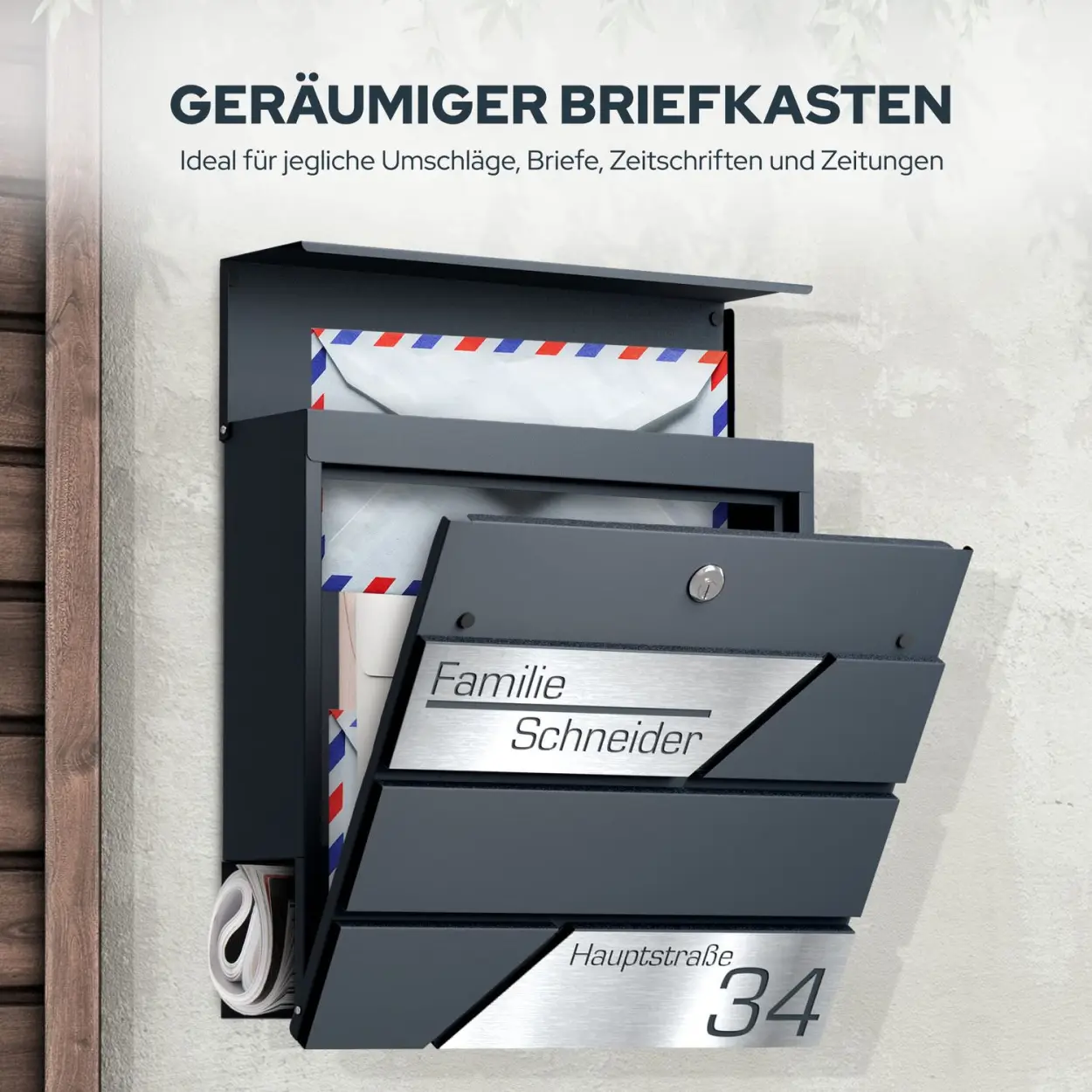 Personalisierbarer Briefkasten Funk mit Namensgravur und Zeitungsrolle aus verzinktem Stahl Laserschnitt