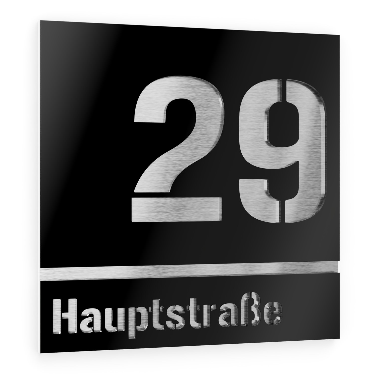 House number and street name in stainless steel / acrylic glass black square