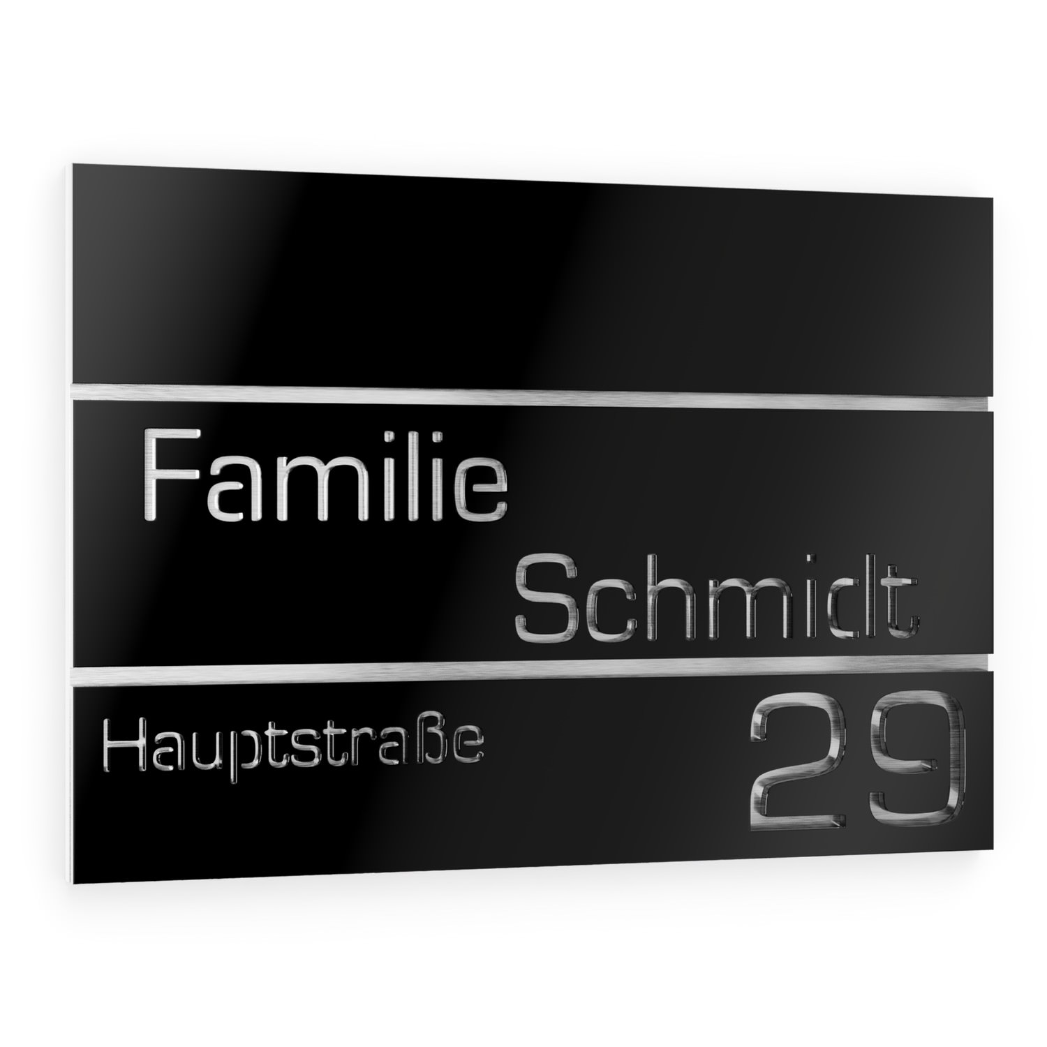 House number plate with name engraving in stainless steel / acrylic glass black rectangular