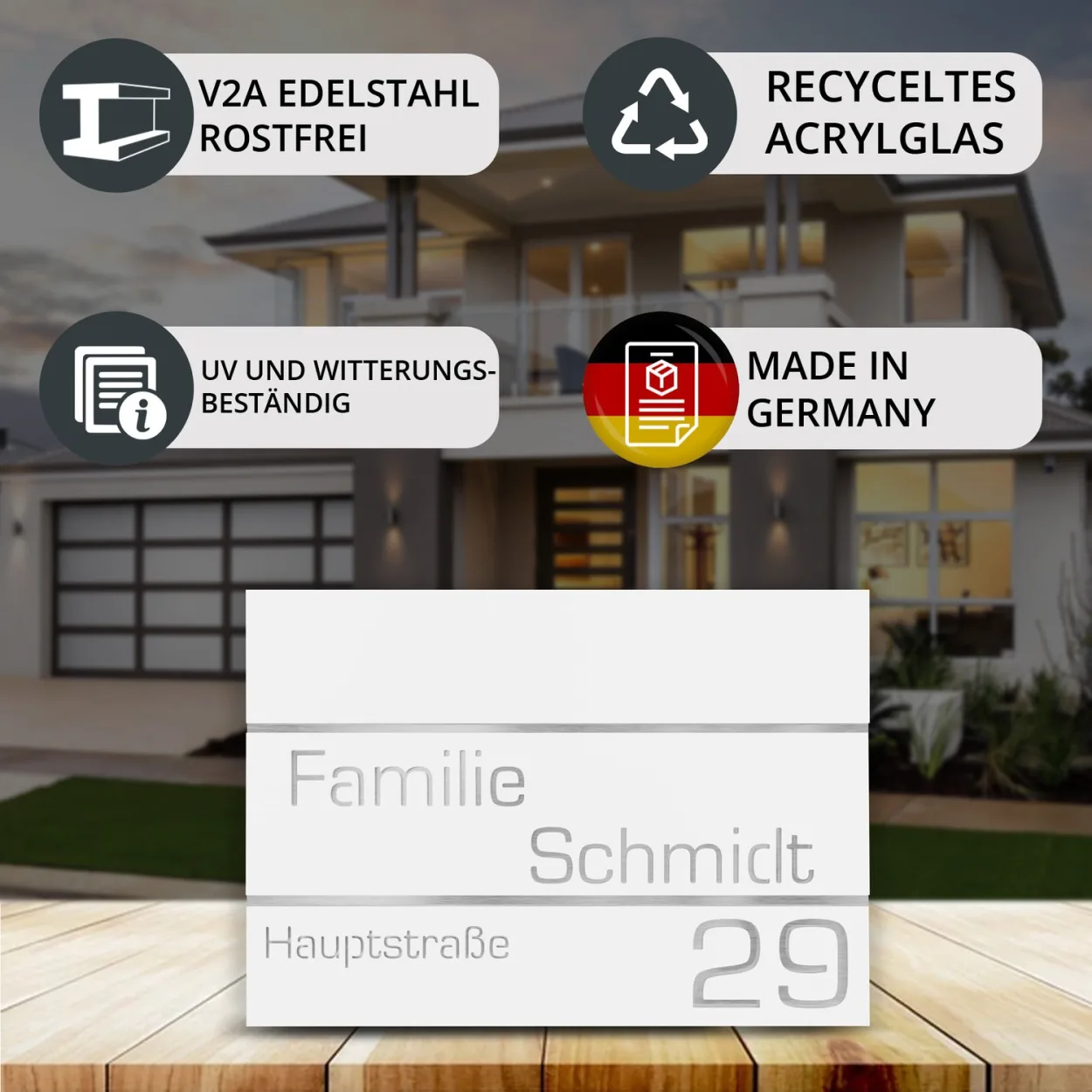 Personalisierbares Namensschild rechteckig aus Edelstahl und recyceltem Acrylglas, langlebig und robust Weiß