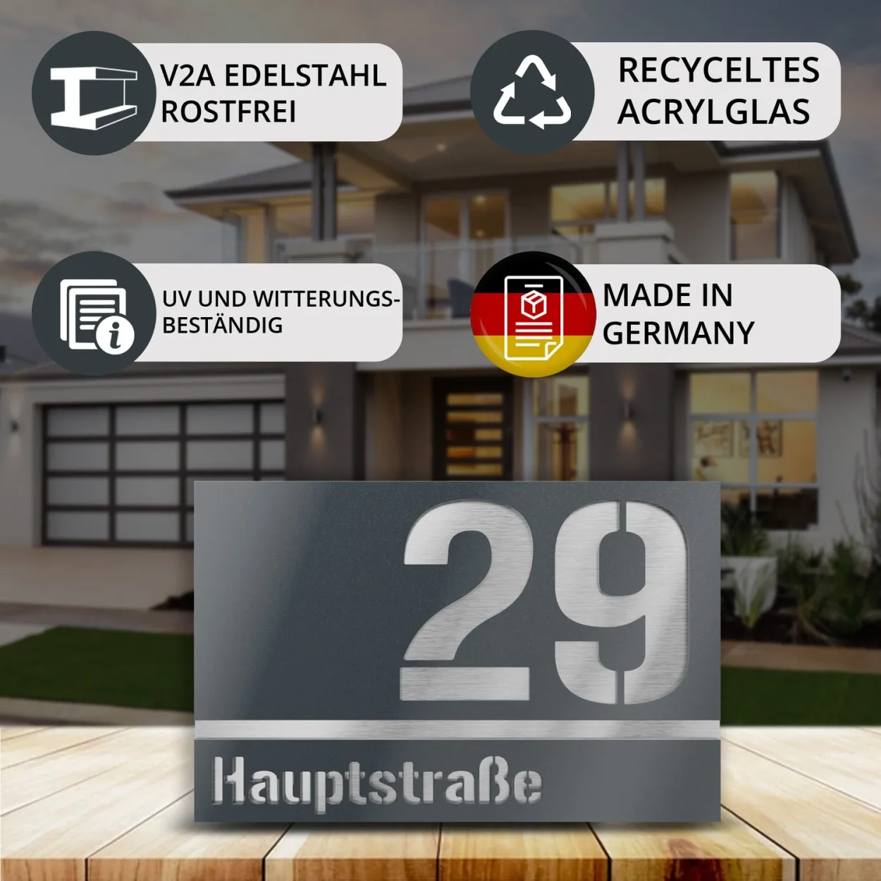 UV- und witterungsbeständiges Hausschild aus Edelstahl und Acrylglas Anthrazit Metallic rechteckig, nachhaltig produziert