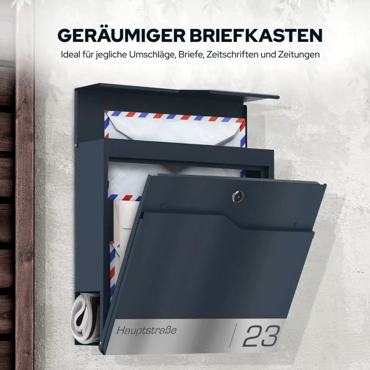 Anthrazitfarbener Briefkasten Funk mit Zeitungsfach und Edelstahl-Schild, wetterfest Lasergravur