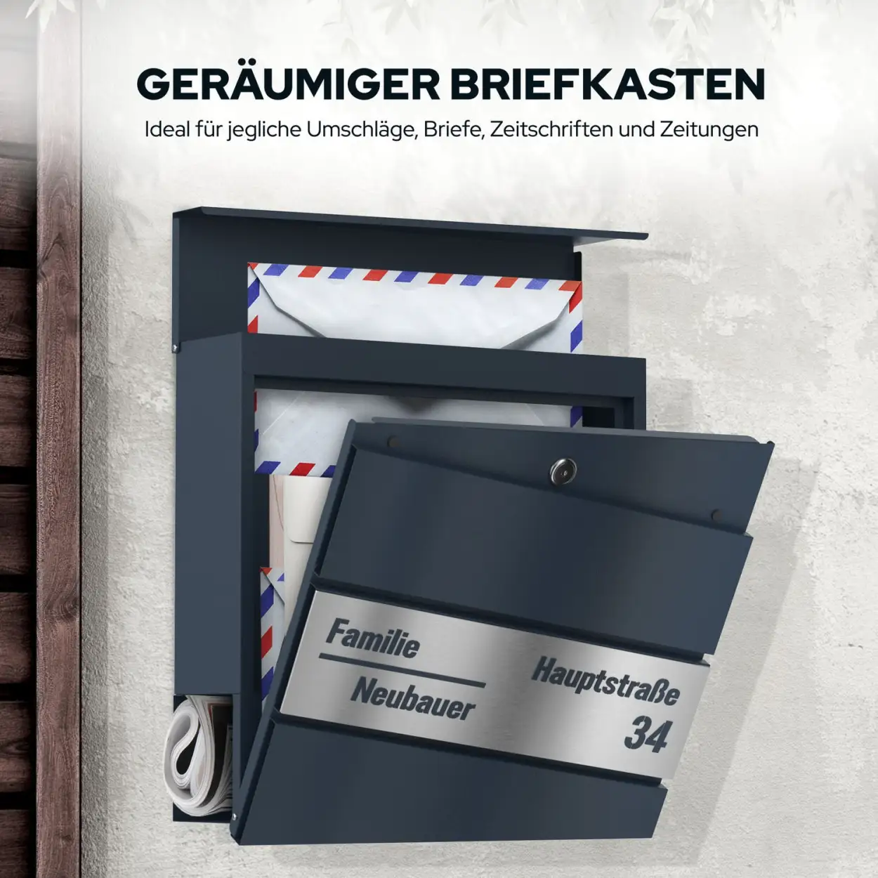 Personalisierter Briefkasten Funk mit Namensgravur und Zeitungsfach, wetterfest Laserschnitt