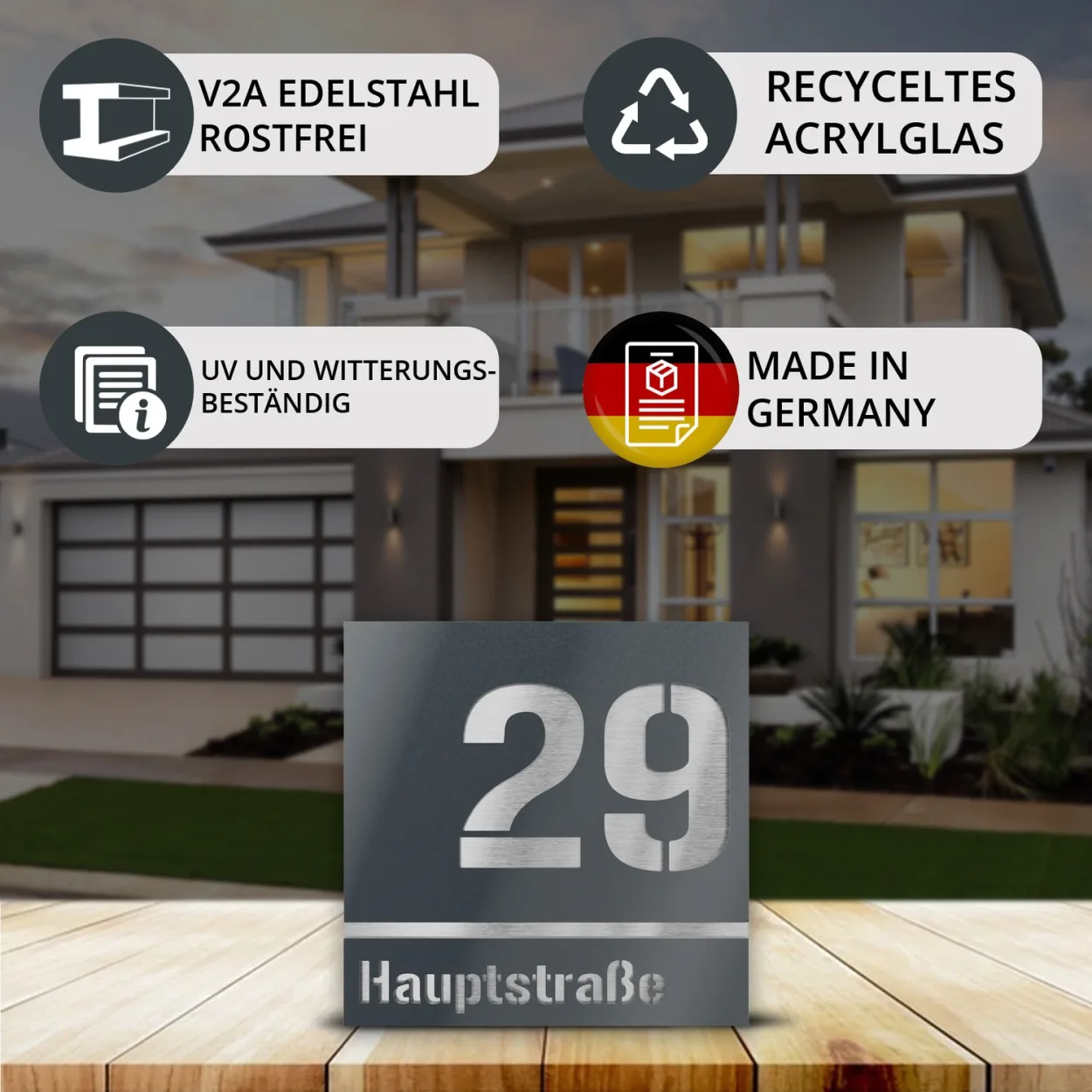 UV- und witterungsbeständiges Hausschild aus Edelstahl und Acrylglas Anthrazit Metallic quadratisch, nachhaltig produziert