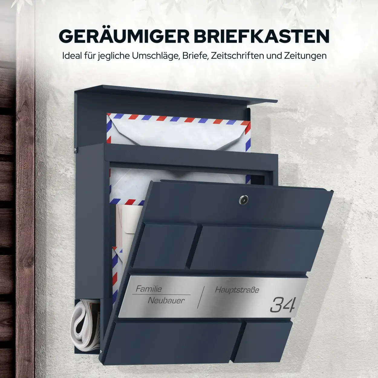 Wetterfester Pulsar Briefkasten Funk mit Zeitungsrolle und Edelstahl-Schild Gravur Lasergravur Design 2