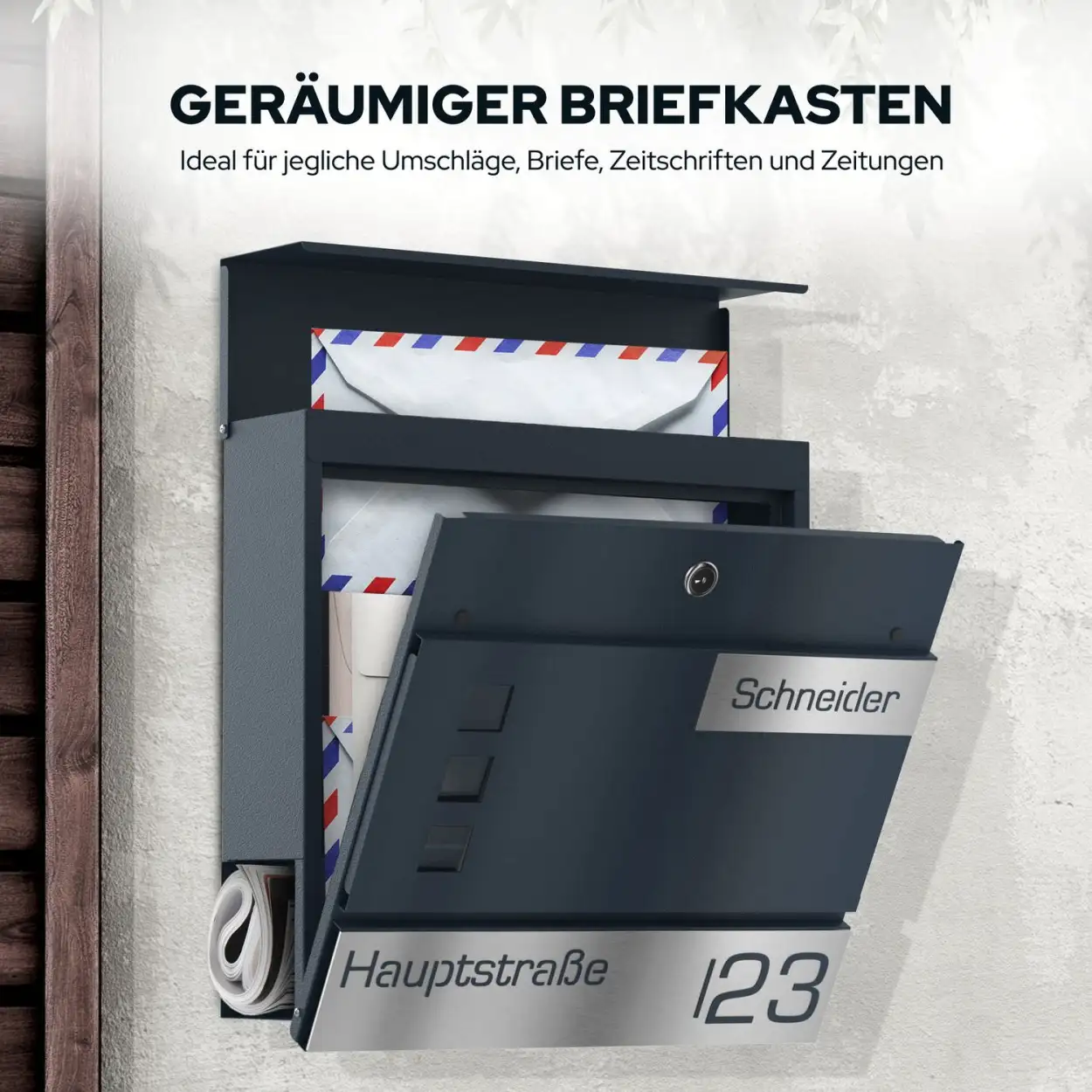 Vega Stahl-Briefkasten Funk mit Zeitungsrolle und personalisierbarer Namensgravur Laserschnitt