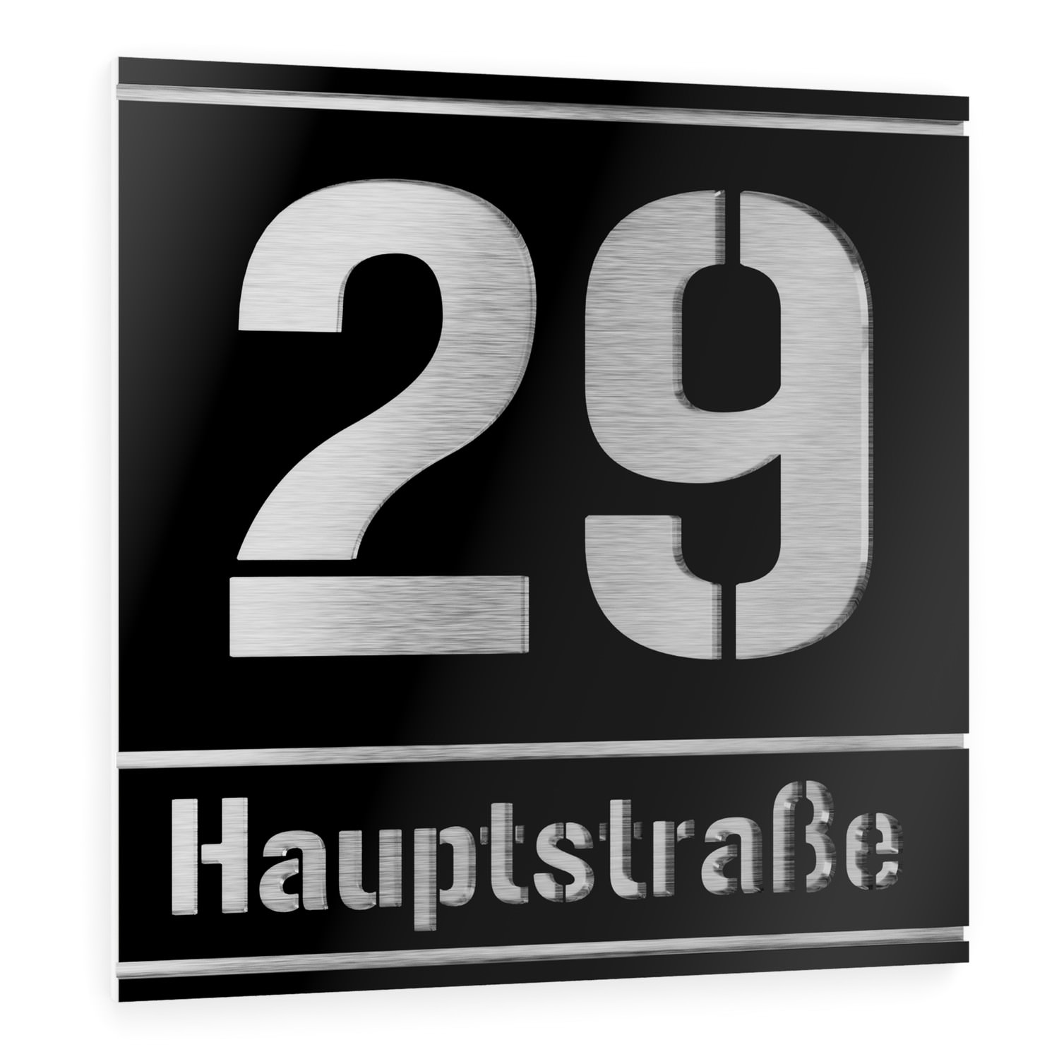 House number and street name in stainless steel / acrylic glass black square