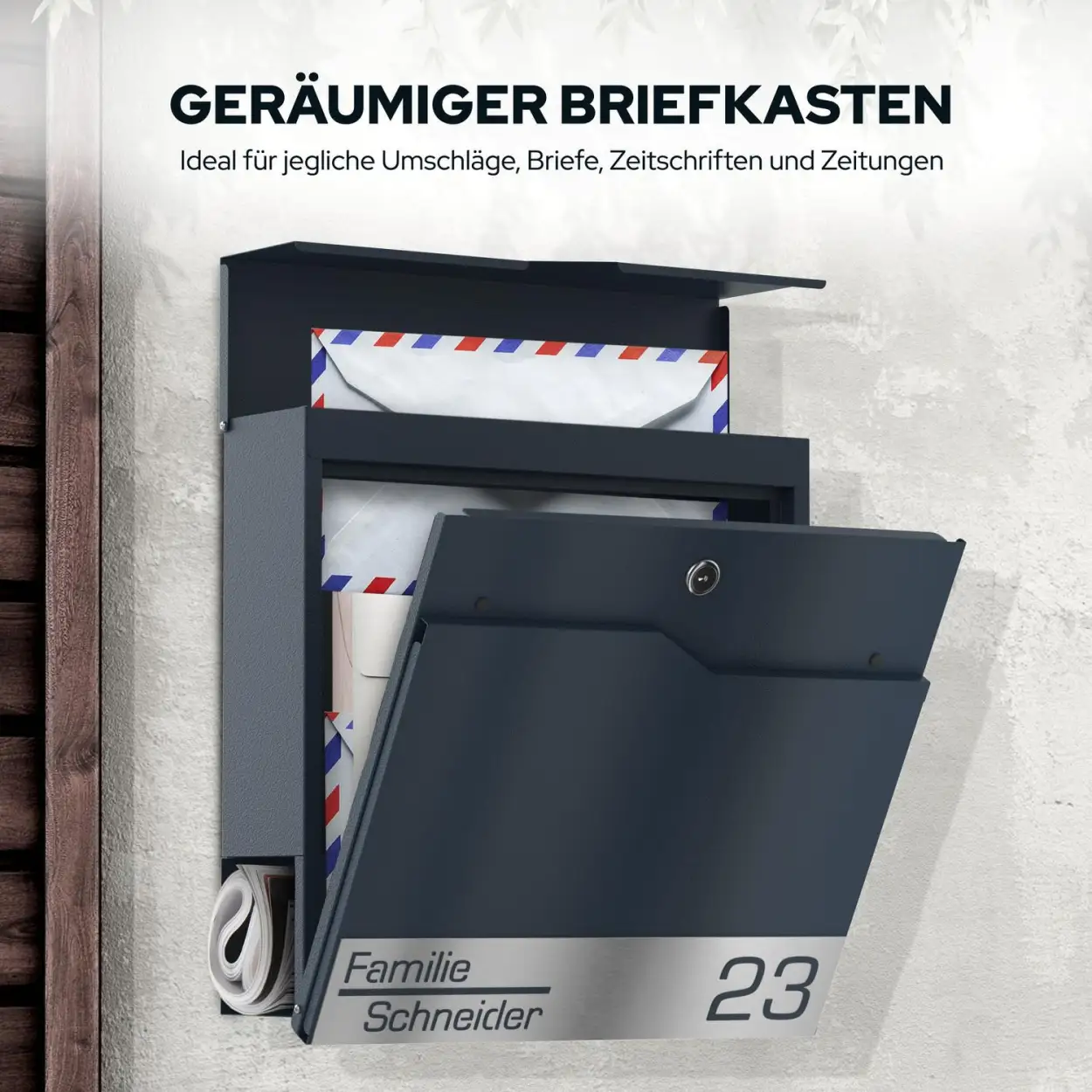 Personalisierbarer Zaunbriefkasten Funk mit Edelstahl Gravur und Zeitungsrolle aus verzinktem Stahl Laserschnitt