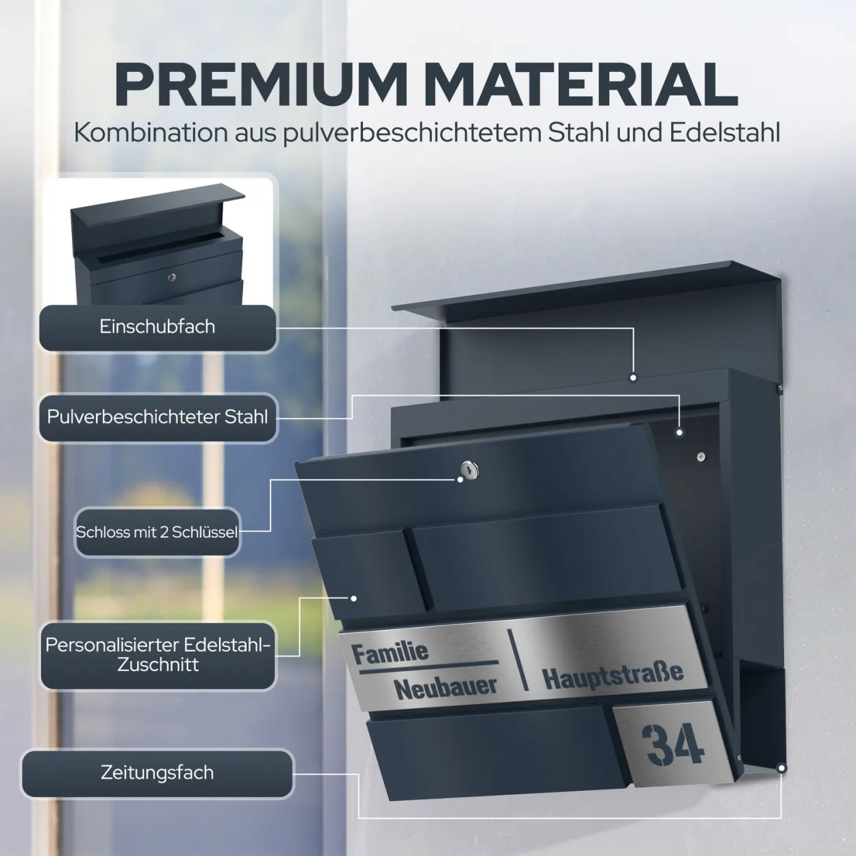 Personalisierbarer Pulsar Briefkasten Funk mit Edelstahl Schild Laserschnitt Gravur und Zeitungsrolle Design 4