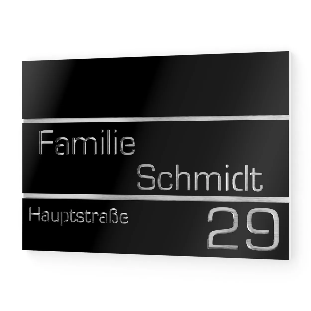 seitlich rechteckiges Namensschild aus Edelstahl mit Hausnummer, modernes Design in Schwarz