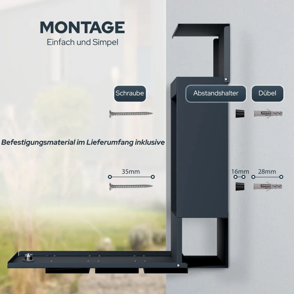 Schrauben, Abstandshalter und Dübel für die Befestigung des Laserschnitt Briefkasten Funks an der Wand