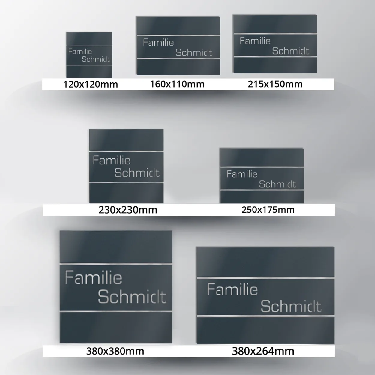 Größentabelle für Hausschilder aus V2A Edelstahl und Acrylglas Anthrazit RAL 7016 , zeitlos und robust quadratisch