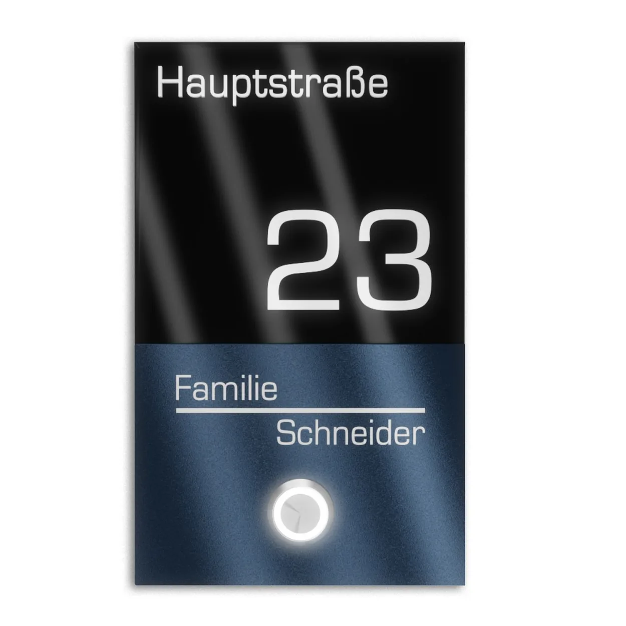 Klingelschild aus Edelstahl mit LED-Taster und Hausnummer, modern und wetterbeständig