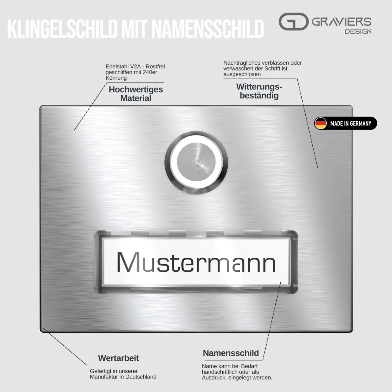 Hochwertiges Klingelschild aus Edelstahl, Namensschild, rostfrei