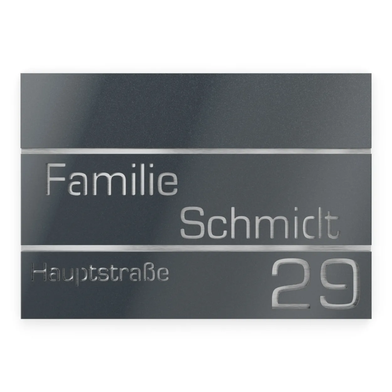 Front Ansicht eines rechteckiges Namensschild aus Edelstahl mit Hausnummer, modernes Design in Anthrazit Metallic