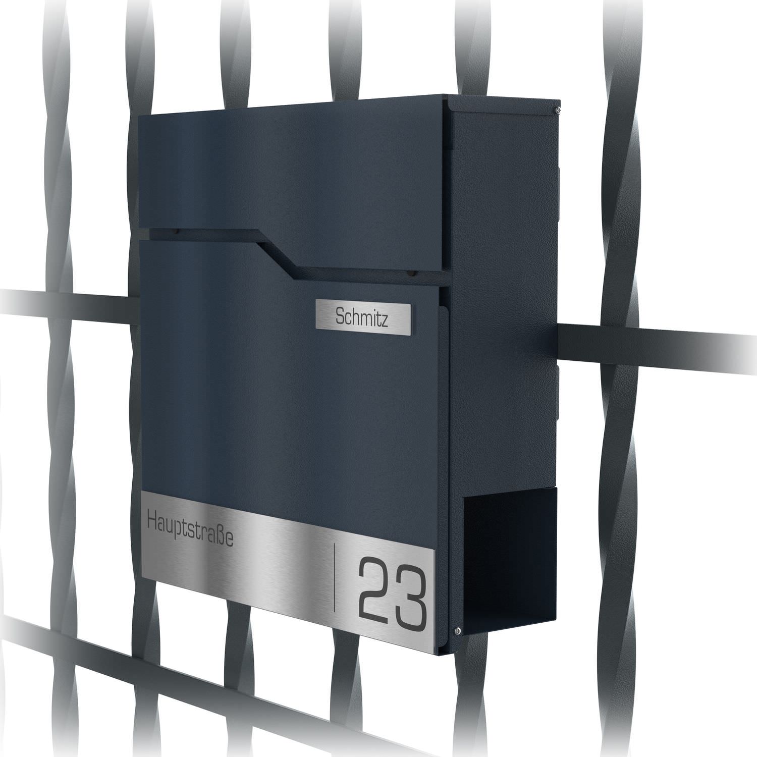 Aurora letterbox in anthracite RAL 7016 with fence mount - laser engraving - with lock Newspaper compartment Newspaper roll