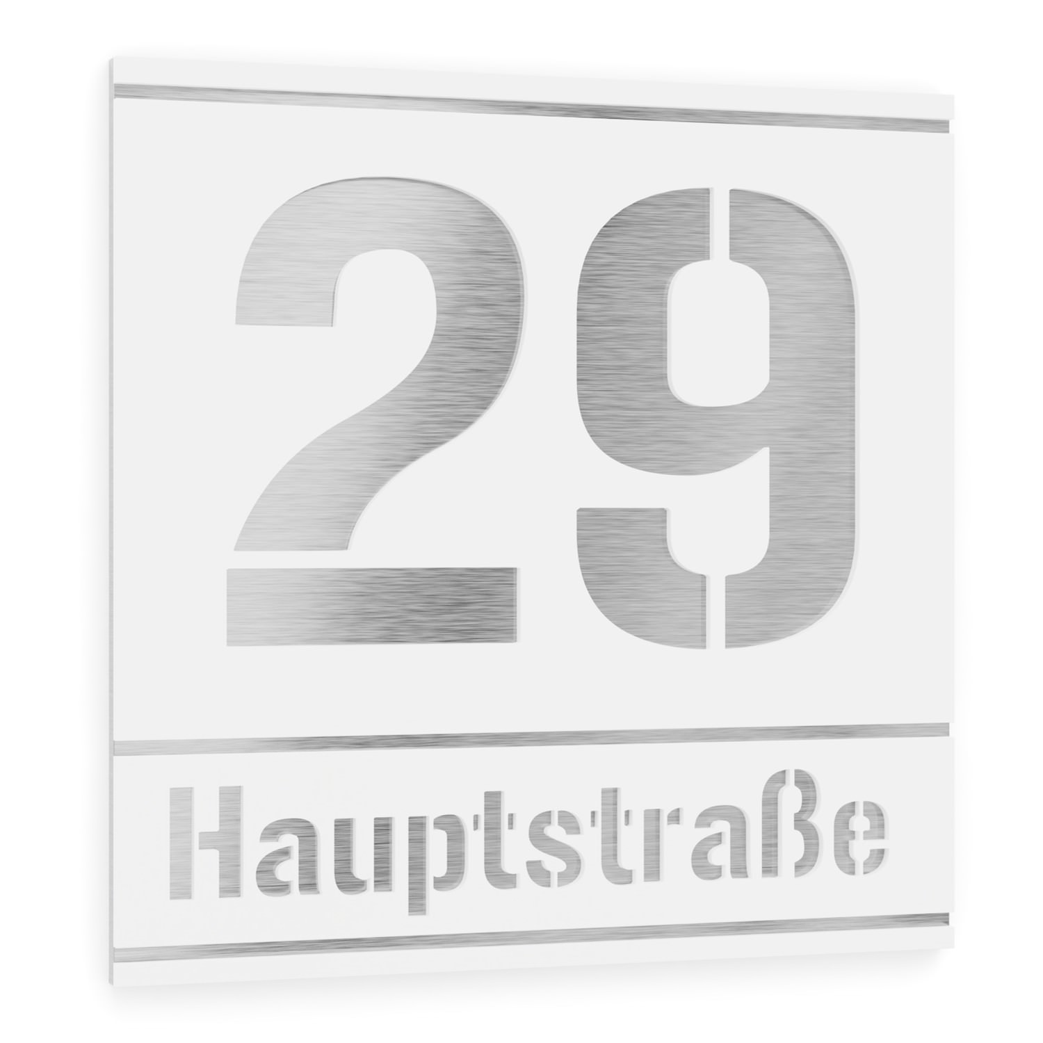 House number and street name in stainless steel / acrylic glass white square